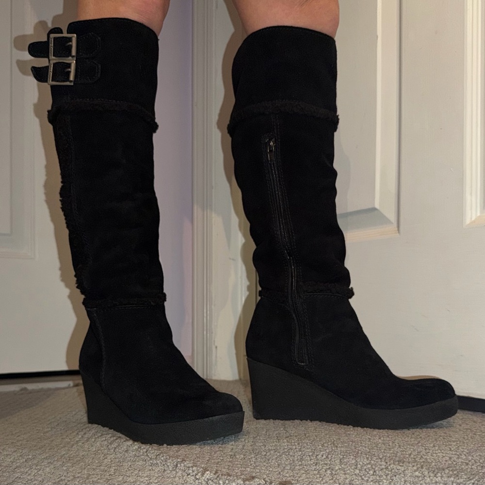Juicy Couture Black Suede Knee-High Wedge Boots